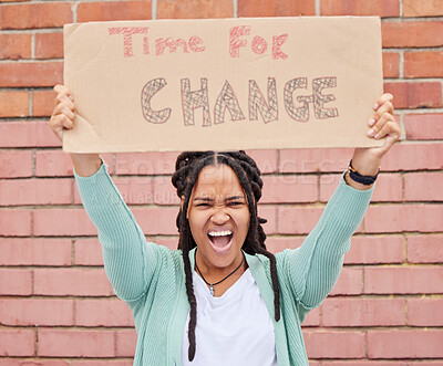 Buy stock photo Protest, change and portrait of black woman with voice for human rights, gender equality and racism on brick wall. USA youth, gen z person or student with cardboard sign, freedom of speech and angry