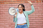 Megaphone announcement, shout and angry black woman protest for democracy vote, justice or human rights rally. Global change, microphone noise speech and brick wall speaker with racism voice opinion