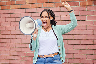 Buy stock photo Megaphone announcement, shout and angry black woman protest for democracy vote, government justice or human rights. Global change rally, microphone noise speech and speaker with racism voice opinion