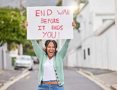 Buy stock photo War protest, street and poster woman rally to stop Ukraine conflict, human rights support or global violence. Black student, banner portrait and social justice warrior fight for government law change