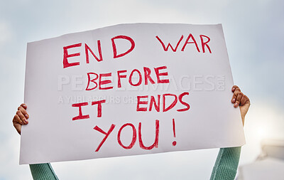Buy stock photo War protest, poster and woman hands rally to stop Ukraine conflict, human rights support or global violence. Student politics banner, city sky and social justice warrior fight for government change