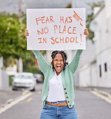 Buy stock photo Protest portrait, poster and student shout for human rights support, USA gun control safety or stop school shooting. City banner, global justice and teen black woman rally for government law change