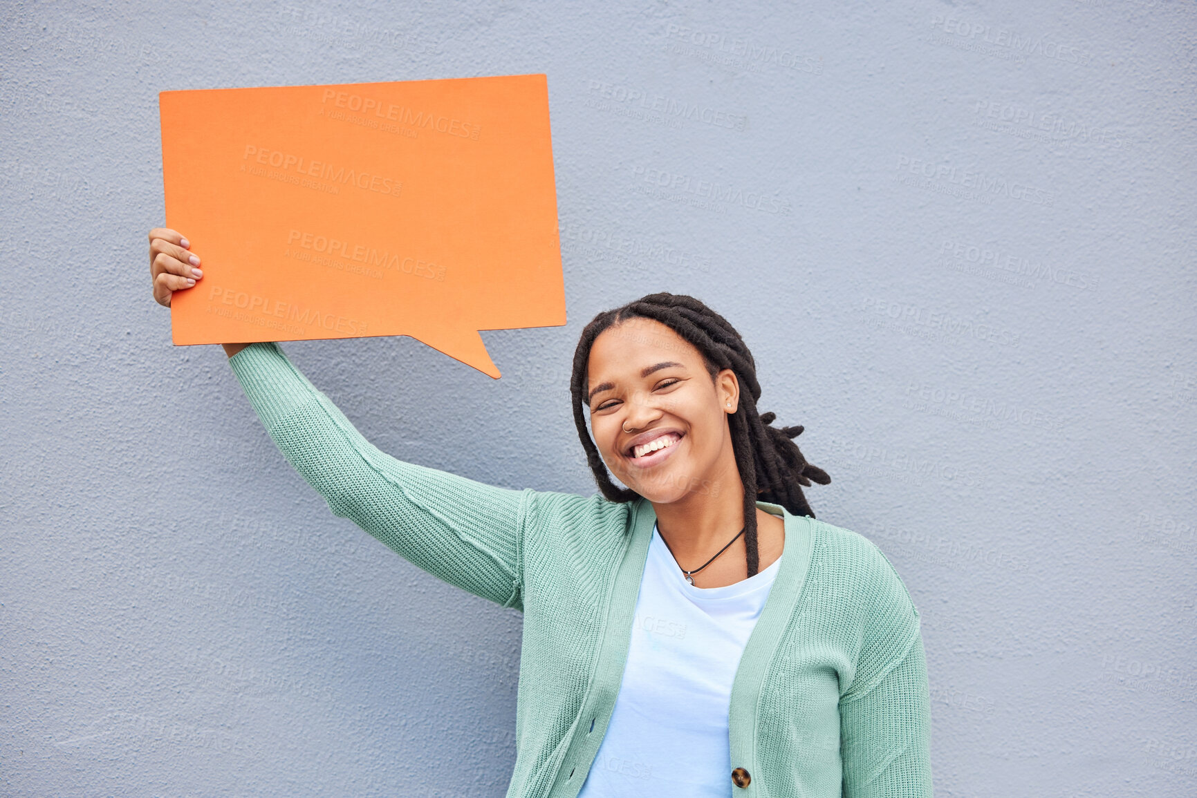 Buy stock photo Black woman, portrait or speech bubble of opinion, social media or vote on isolated mock up, grey background or mockup. Smile, happy or student on paper poster, marketing billboard or feedback review