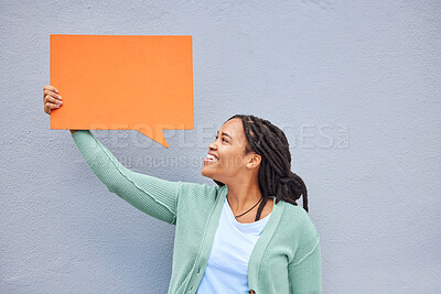 Buy stock photo Black woman, banner or speech bubble on isolated background of voice opinion mockup, social media or vote mock up. Smile, happy or student on paper poster, marketing billboard or feedback news review