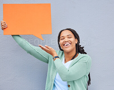 Buy stock photo Black woman, portrait or showing speech bubble on isolated background of opinion mockup, social media or vote mock up. Smile, happy or student on paper poster, marketing billboard or feedback review