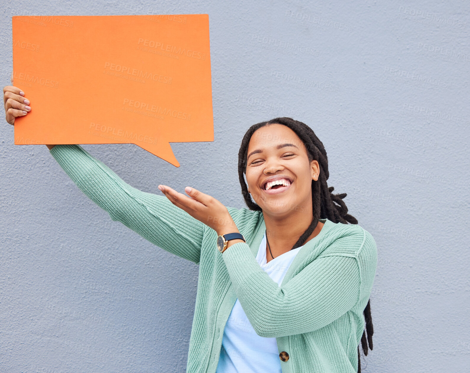 Buy stock photo Black woman, portrait or showing speech bubble on isolated background of opinion mockup, social media or vote mock up. Smile, happy or student on paper poster, marketing billboard or feedback review