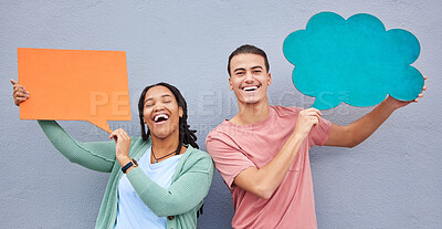 Buy stock photo Happy couple, portrait or speech bubble on isolated background of voice opinion mockup, social media or vote mock up. Smile, man or black woman on paper poster, marketing billboard or feedback review