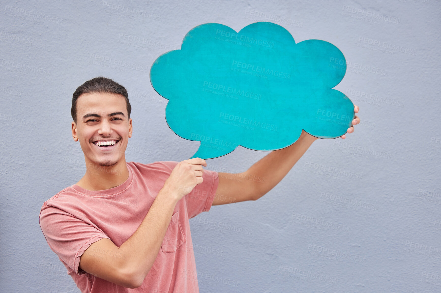 Buy stock photo Man, portrait and speech bubble on isolated background of voice opinion mockup, social media or vote mock up. Smile, happy and student on paper poster, marketing billboard or feedback review of sales