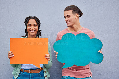 Buy stock photo Speech bubble, diversity and couple of friends in studio for advertising, mockup and and space on grey background. Paper, banner and woman with man for social networking, communication and branding