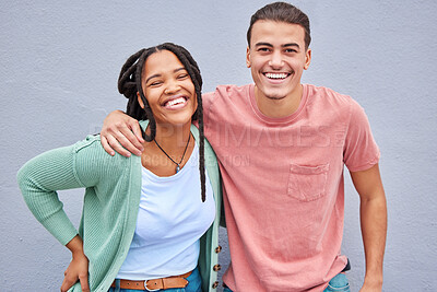 Buy stock photo Love, romance and portrait of a happy couple by a wall in the city while on a vacation or weekend trip. Happiness, smile and interracial man and woman embracing while walking in town on a holiday.