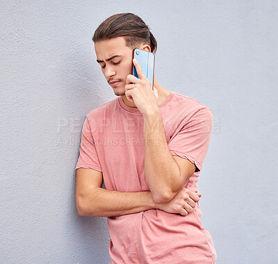 Buy stock photo Man, stress and phone call or isolated wall background on social networking, bad news or sad story. Model, student or depression person on mobile communication technology and anxiety face expression
