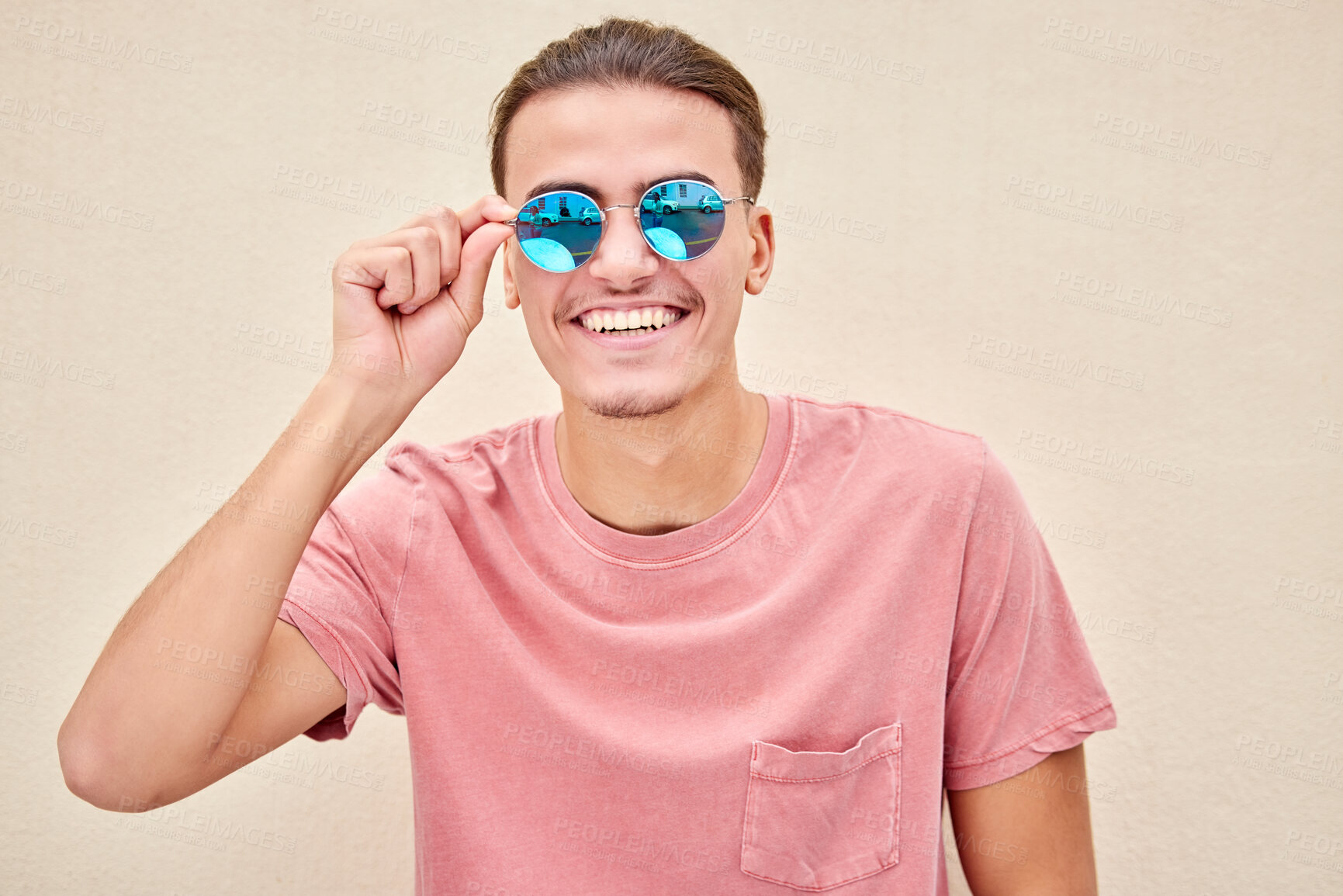 Buy stock photo Man, face and retro fashion sunglasses on isolated background for marketing branding, optometry sales or mock up. Smile, happy and model student and summer optician vision or eyes healthcare wellness