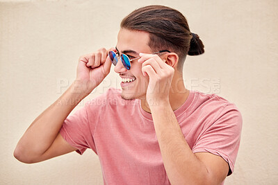 Buy stock photo Happy man, retro or fashion sunglasses on isolated background in marketing branding, optometry sale or mockup. Smile, model or student in summer optician vision, eyes healthcare wellness or promotion