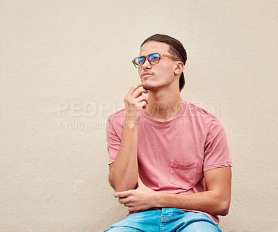 Buy stock photo Confused, man and thinking on mockup in studio for advertising, wall background or space. Doubt, contemplate and male pensive, thoughtful and puzzled on copy space, unsure and emoji gesture isolated