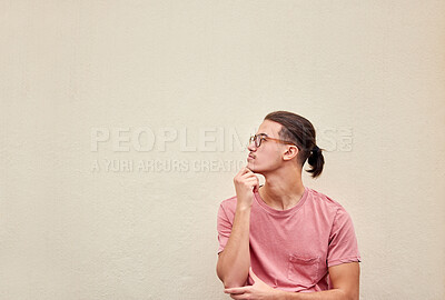 Buy stock photo Man, thinking or glasses on isolated background for fashion promotion branding, optometry sales deal or mockup marketing space. Model, student or optician vision ideas for healthcare wellness or eyes