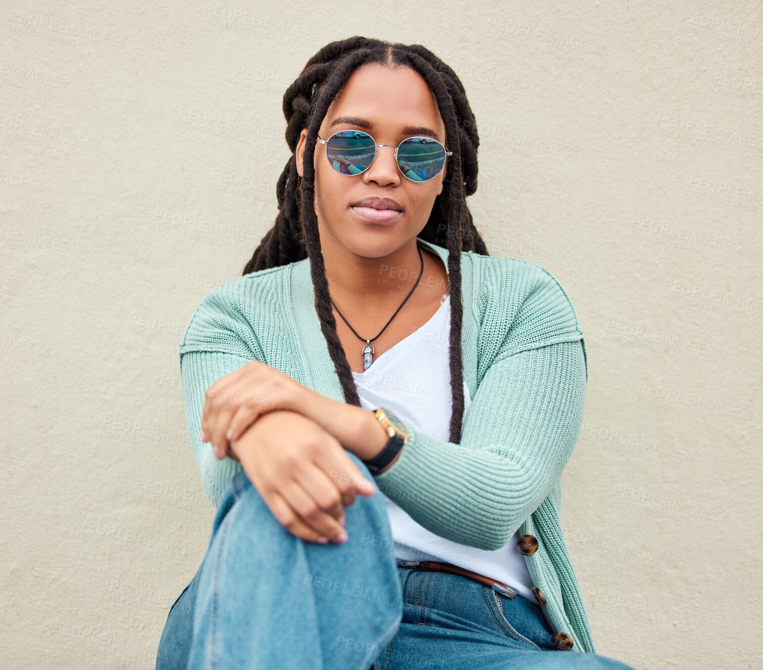 Buy stock photo Black woman, sunglasses and portrait by wall background in city with fashion, summer and beauty. Young gen z, african student girl and outdoor for travel, urban adventure and aesthetic with clothes