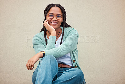 Buy stock photo Black woman, portrait or glasses on isolated background deal, fashion branding mockup or optician sales promotion. Smile, happy or model student and vision in eyes healthcare wellness on wall mock up