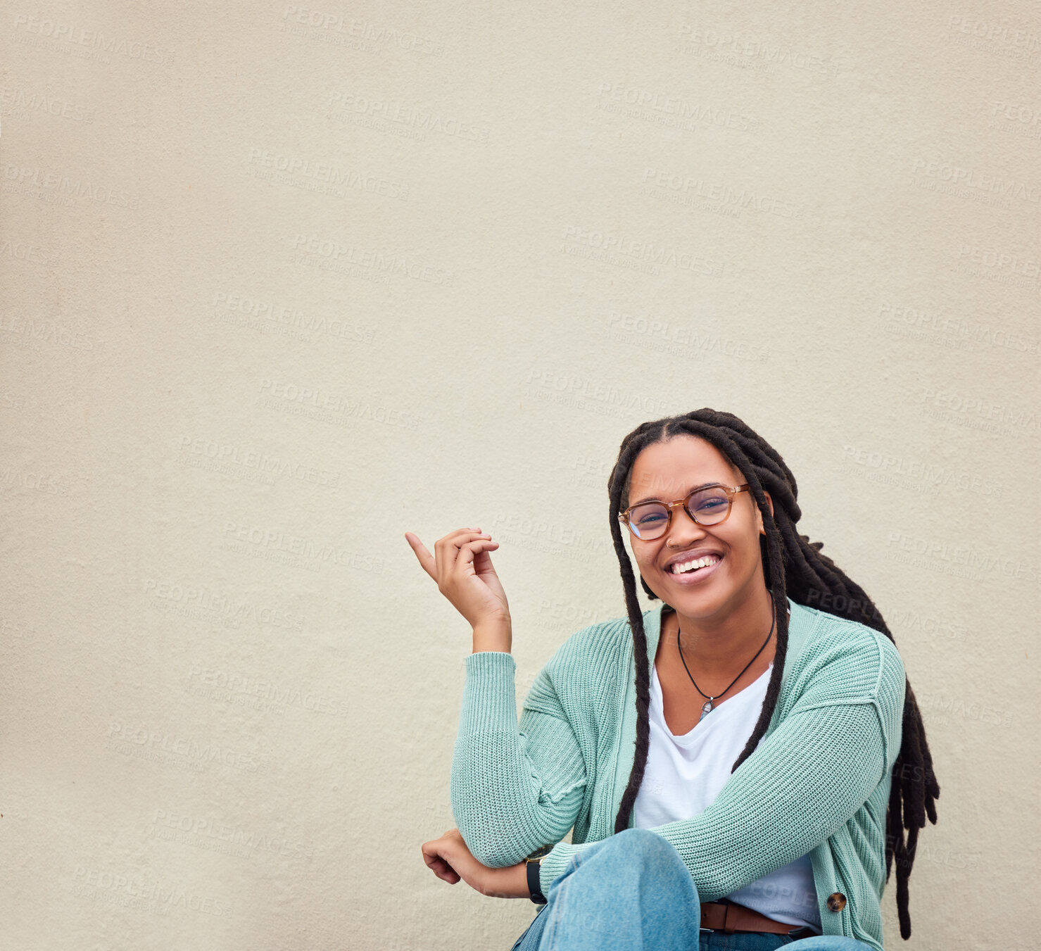 Buy stock photo Black woman, portrait and hands pointing to mockup, advertising or empty background, laugh and excited. Hand gesture, face and girl relax in studio while showing wall copy space or isolated marketing