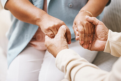 Buy stock photo Love, old couple and holding hands with care, retirement and bonding with empathy, compassion and affection. Zoom, elderly man and senior woman touching, retired and trust with support and solidarity