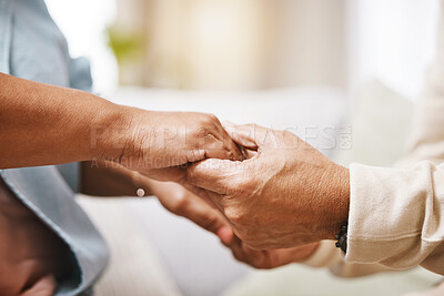 Buy stock photo Worship, praying or old couple love holding hands together in a Christian home in retirement with hope or faith. Jesus, senior man and woman in prayer to God for spiritual bonding, help or support