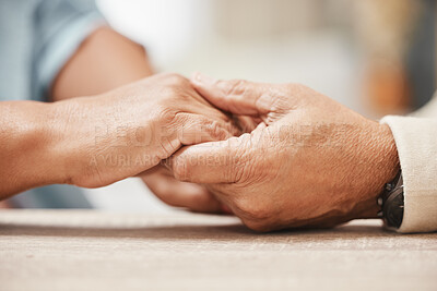 Buy stock photo Support, praying or old couple love holding hands together in a Christian home in retirement with hope, belief or faith. Jesus, senior man and woman with peace in prayer to God for spiritual bonding