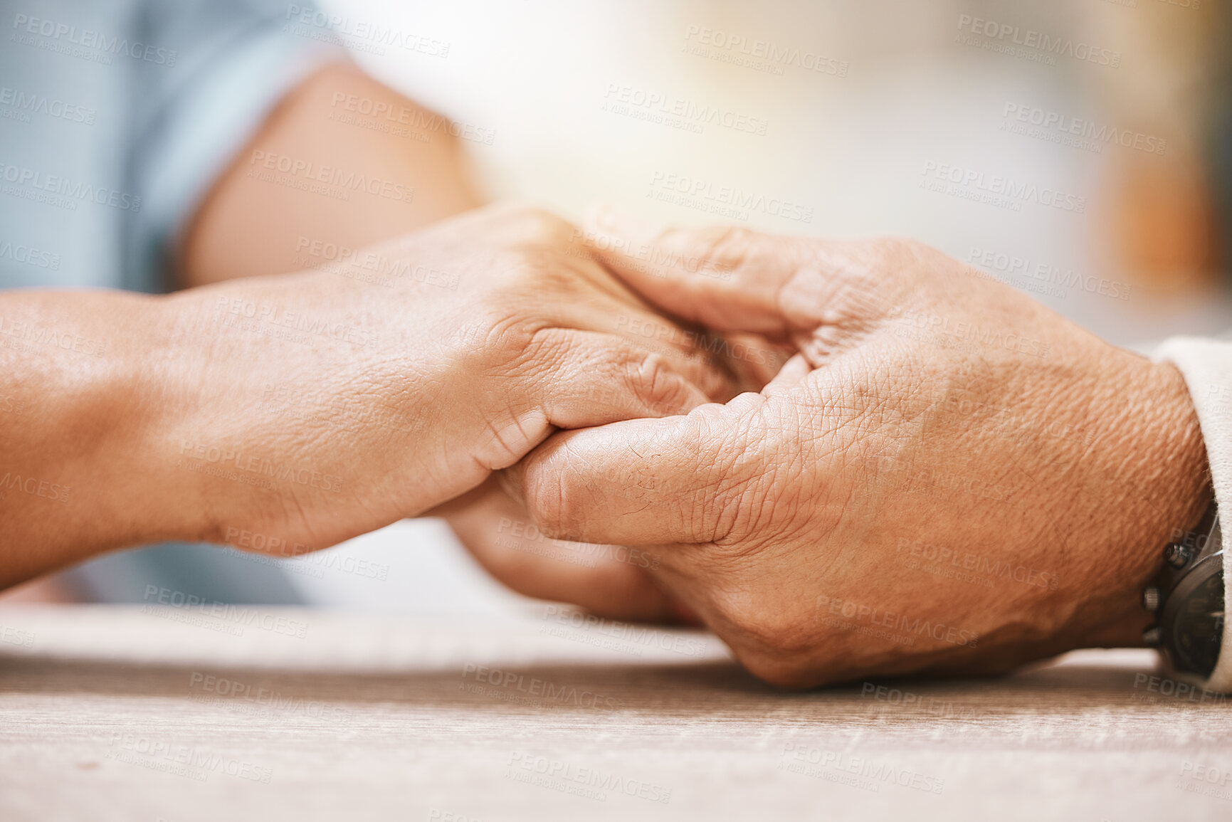 Buy stock photo Love, praying or old couple holding hands together in a Christian home in retirement with hope or faith. Jesus, religion or belief with a senior man and woman in prayer to god for spiritual bonding