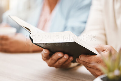 Buy stock photo Book, faith and hands of couple with bible for spiritual studying or reading in home. Religion, worship and man and woman with holy and religious text for learning, education and worshipping God.