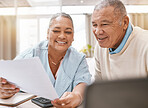 Senior black couple, paperwork and laptop for planning, budget or taxes with discussion for future in home. Old man, woman and conversation for insurance, retirement or finance goals with documents