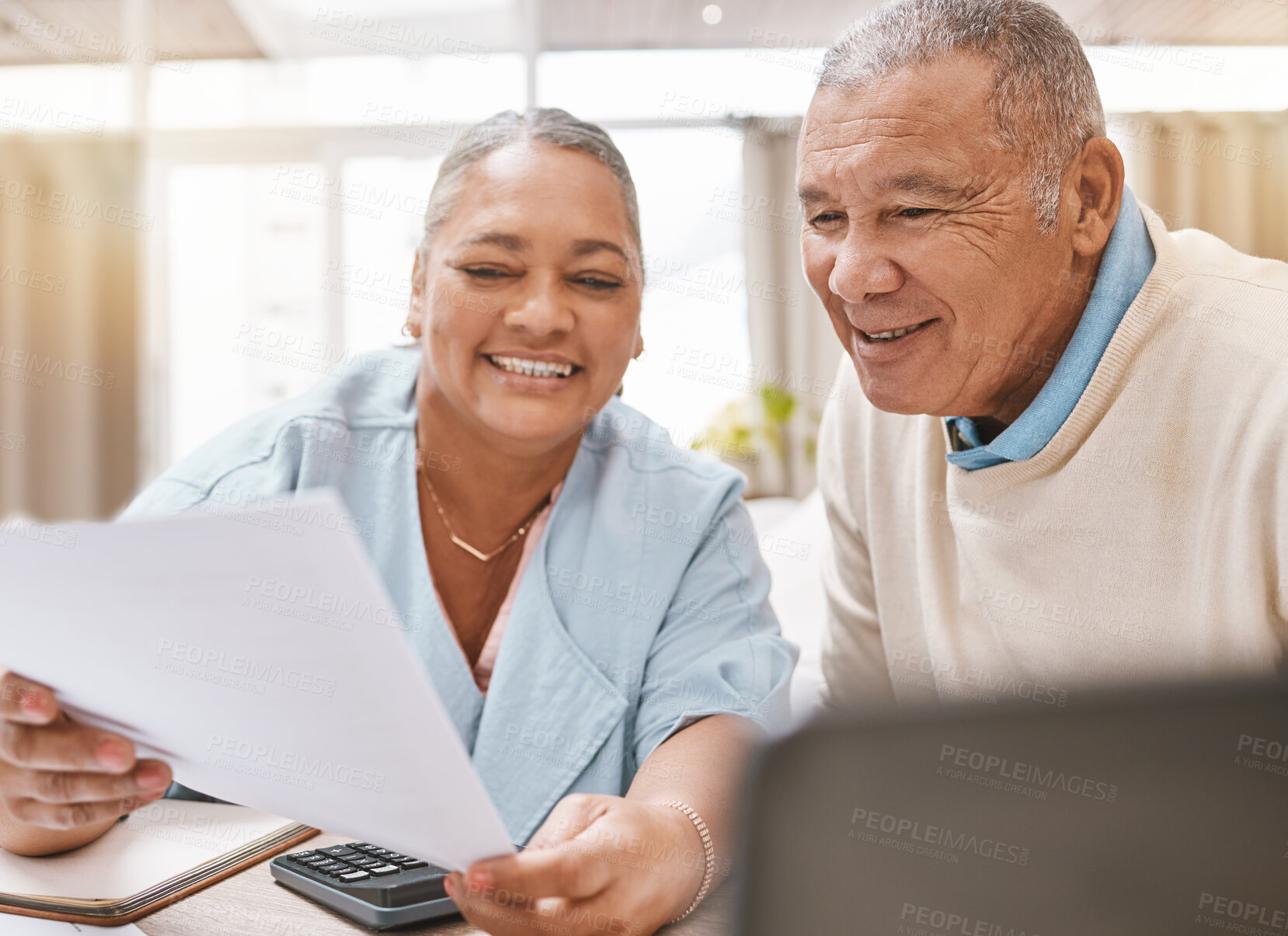 Buy stock photo Senior black couple, paperwork and laptop for planning, budget or taxes with discussion for future in home. Old man, woman and conversation for insurance, retirement or finance goals with documents