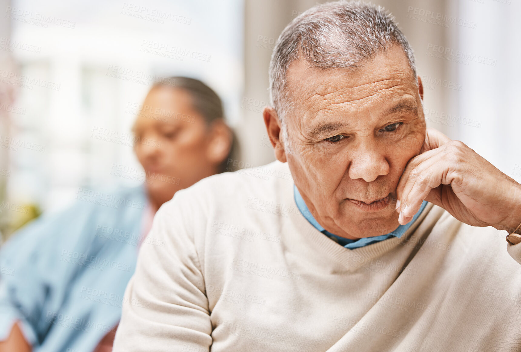 Buy stock photo Stress, sad and divorce with old couple on sofa for breakup, discussion and frustrated. Fight, mental health and crisis with elderly man and woman in living room at home for toxic,  conflict and fail