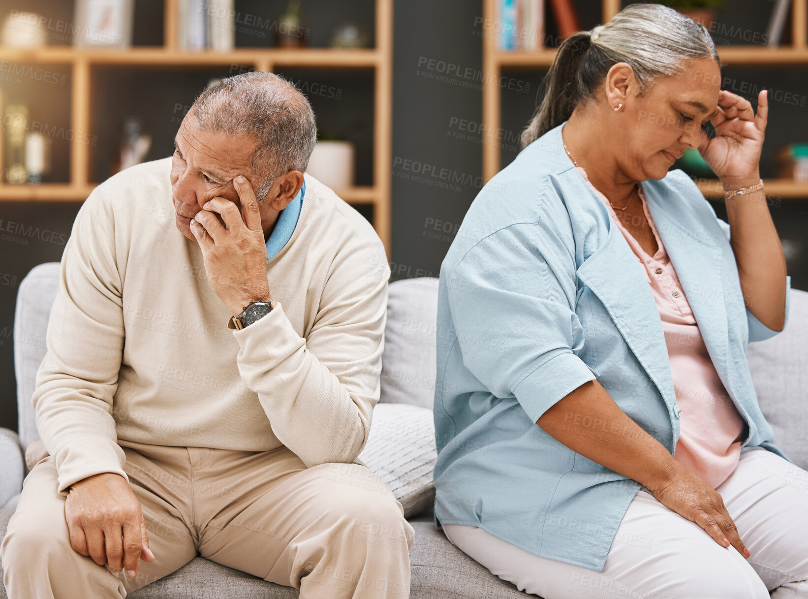 Buy stock photo Fight, depression and divorce with old couple on sofa for breakup, sad and frustrated. Stress, mental health and crisis with elderly man and woman in living room at home for toxic,  conflict and fail