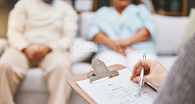Buy stock photo Survey, old couple or doctor with a checklist for health insurance information on a medical questionnaire. Communication, man or elderly woman listening to nurse about a life plan or policy data 