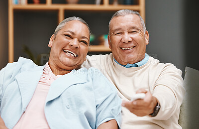 Buy stock photo Love, portrait and senior couple watching tv, having fun and laughing at comic movie in living room. Valentines, romance and elderly retired man and woman streaming funny comedy video on television.