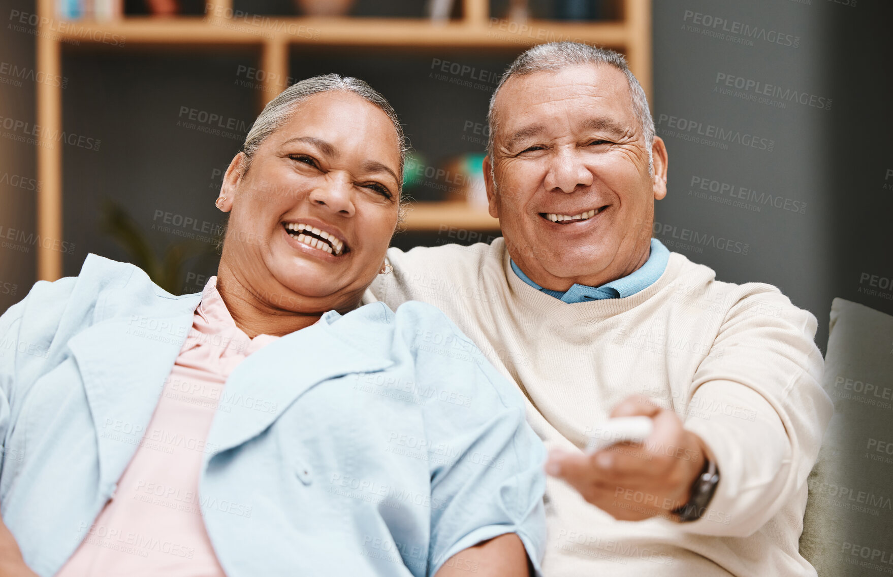 Buy stock photo Love, portrait and senior couple watching tv, having fun and laughing at comic movie in living room. Valentines, romance and elderly retired man and woman streaming funny comedy video on television.