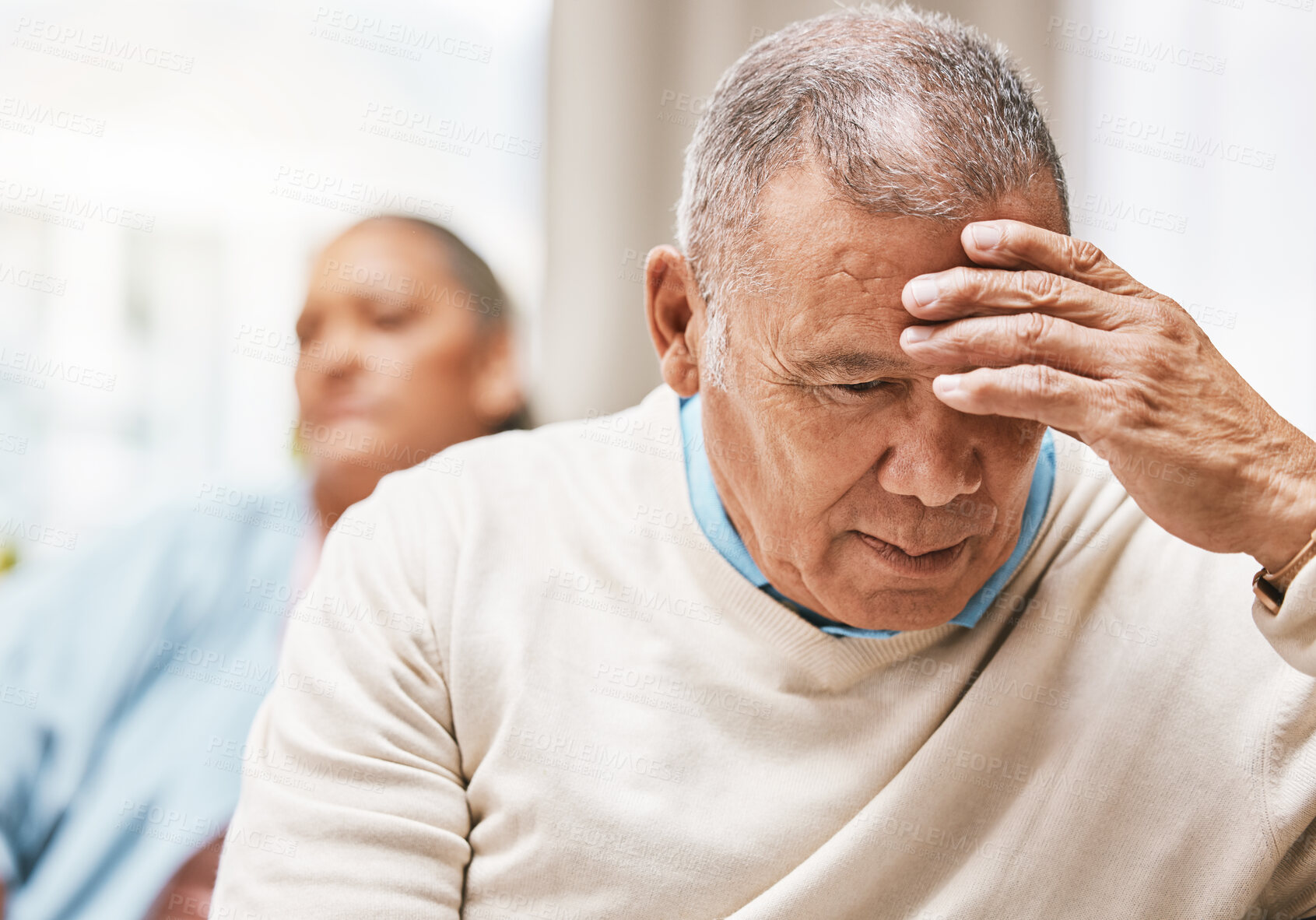 Buy stock photo Thinking, doubt and divorce with old man on sofa with woman for breakup, anger and frustrated. Fight, mental health and crisis with elderly couple in living room at home for toxic, conflict and fail