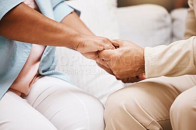 Buy stock photo Love, holding hands or old couple praying for support, trust or hope in a faithful marriage commitment at home. Zoom, prayer or senior man loves bonding partnership or relaxing with an elderly woman 