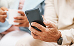 Hands, search for elderly man with phone for communication, networking or social network mobile app. Senior, typing or couple with smartphone for internet, website or reading blog news in living room