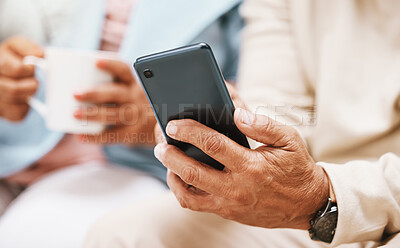Buy stock photo Hands, search for elderly man with phone for communication, networking or social network mobile app. Senior, typing or couple with smartphone for internet, website or reading blog news in living room