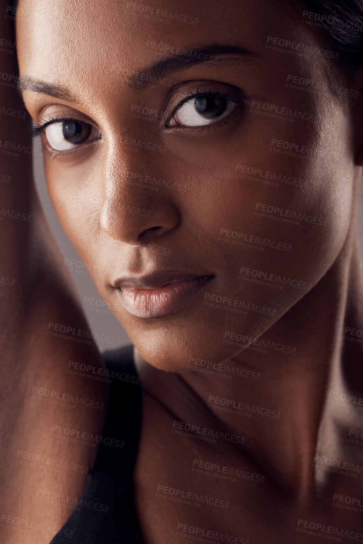 Buy stock photo Indian woman, beauty and skincare portrait of a young model with skin glow from facial. Cosmetics, face and person with wellness and spa care after dermatology, detox and treatment in a studio