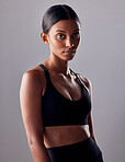 Fitness, workout and motivation with portrait of indian woman for training, sports and wellness goals. Exercise, diet and mindset with girl athlete for mission, cardio and health in studio background