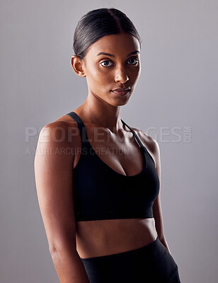 Buy stock photo Fitness, workout and motivation with portrait of indian woman for training, sports and wellness goals. Exercise, diet and mindset with girl athlete for mission, cardio and health in studio background