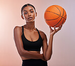 Basketball portrait, sports athlete and woman ready for workout challenge, practice game or fitness competition. Performance training, health exercise and studio model isolated on gradient background