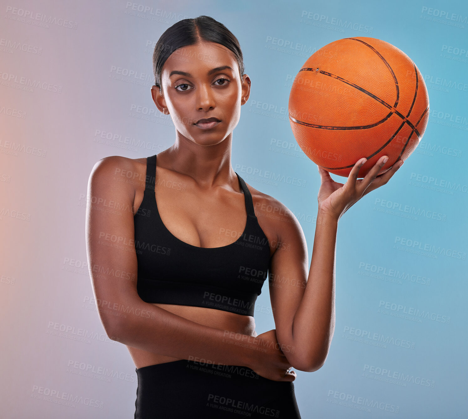 Buy stock photo Basketball portrait, sports and studio woman ready for workout challenge, practice game or fitness competition. Performance training, health exercise and athlet model isolated on gradient background