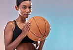Basketball portrait, sports and training woman ready for workout challenge, practice game or fitness competition. Performance studio, health exercise or mockup athlete isolated on gradient background