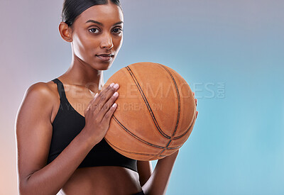 Buy stock photo Basketball portrait, sports and training woman ready for workout challenge, practice game or fitness competition. Performance studio, health exercise or mockup athlete isolated on gradient background