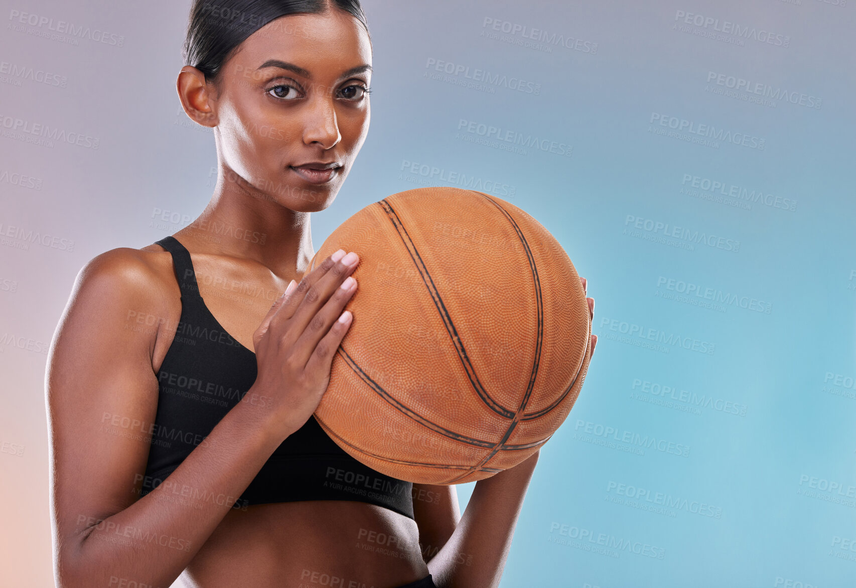 Buy stock photo Basketball portrait, sports and training woman ready for workout challenge, practice game or fitness competition. Performance studio, health exercise or mockup athlete isolated on gradient background