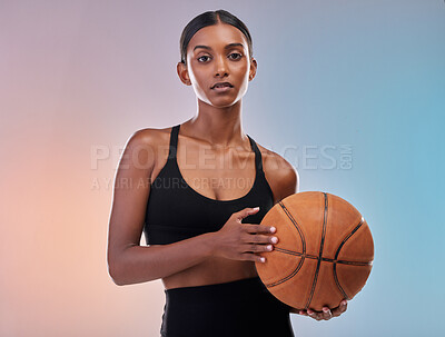 Buy stock photo Basketball portrait, sports workout and woman ready for studio challenge, practice game or fitness competition. Performance training, health exercise and athlete model isolated on gradient background