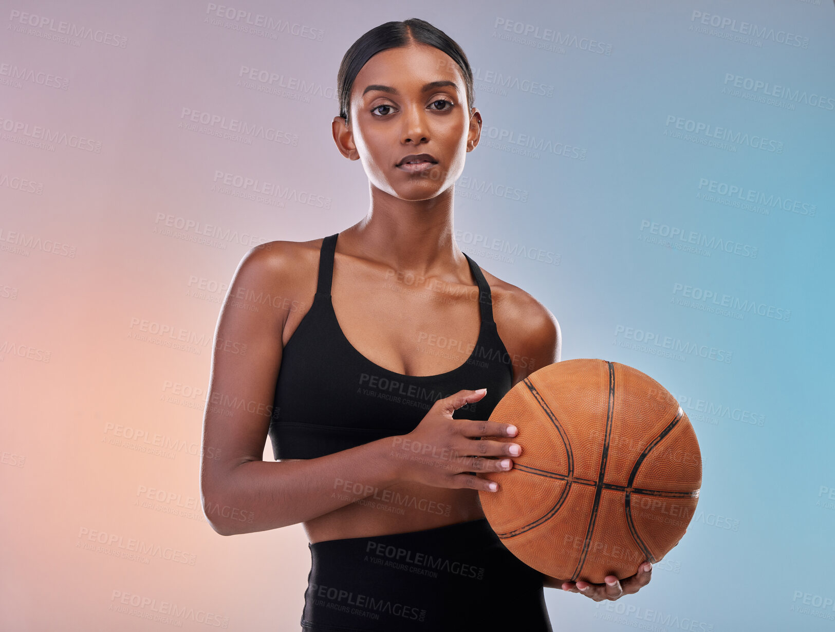 Buy stock photo Basketball portrait, sports workout and woman ready for studio challenge, practice game or fitness competition. Performance training, health exercise and athlete model isolated on gradient background