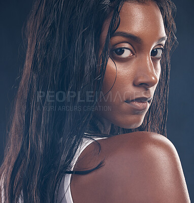 Buy stock photo Black woman, studio portrait and fitness for beauty, wellness and healthcare by black background. Young gen z model, back and face with natural skin glow, self care and mindset for personal health