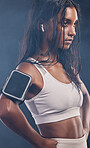 Black woman profile, studio and training with earphones for fitness, phone and music for focus mind. Gen z girl, personal trainer and smartphone for vision, motivation and mindset for workout goal